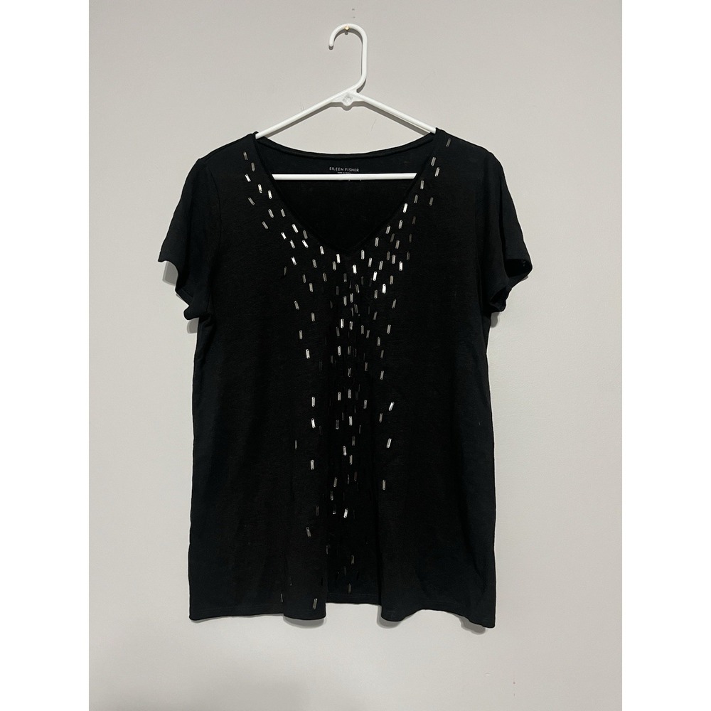Eileen Fisher Shirt Women's M 100% Linen Charcoal Gray‎ Slouchy Short Sleeves